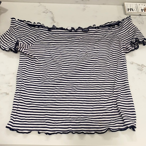 Off the shoulder navy blue and white striped crop top - Picture 2 of 2